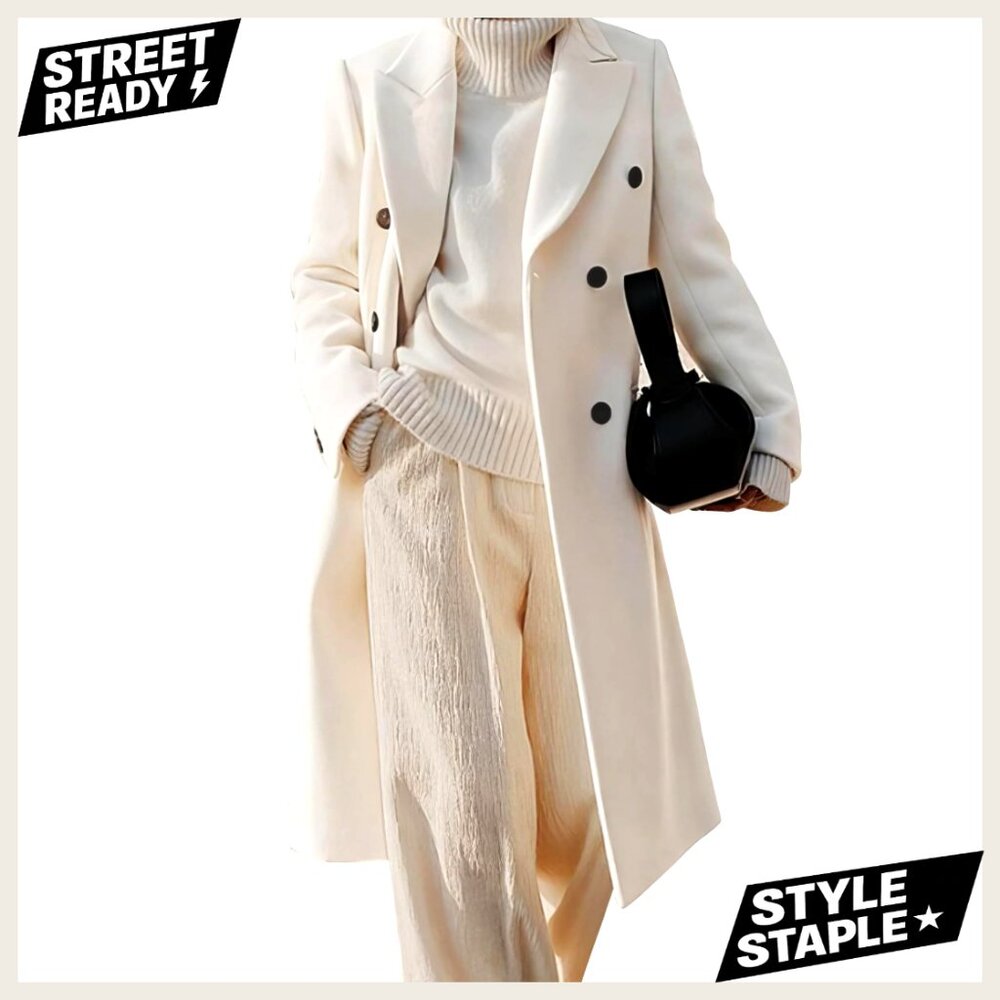 Wool Blend Trench Coat Double Breasted Below Knee Long Sleeve Overcoat